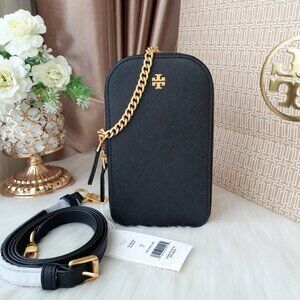 NWT Tory Burch Emerson Phone Case, Black with Gold Chain & Leather Strap